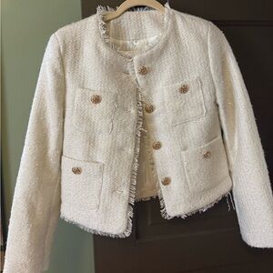 Cropped Tweed Jacket with Gold Buttons - Cream